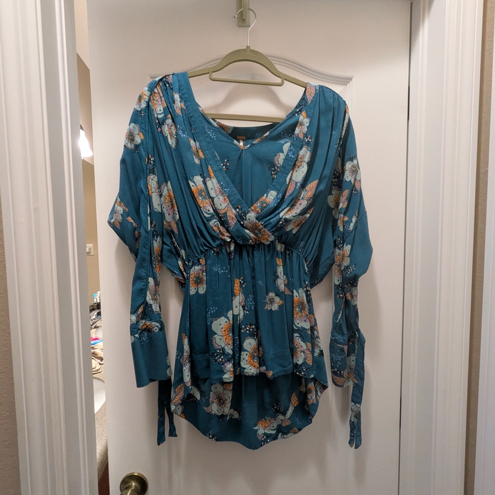 Free People Teal Floral Wrap Blouse
